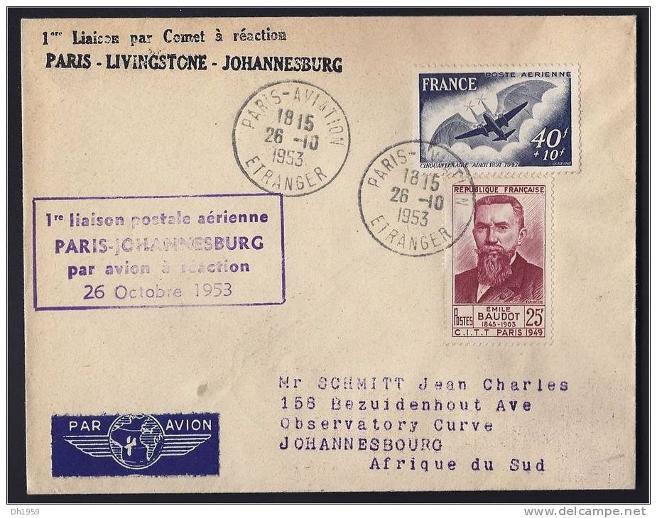 PARIS - LIVINGSTONE - JOHANNESBURG 1ere LIAISON PAR COMET A REACTION 1953 AFRIQUE DU SUD - First Flight Covers