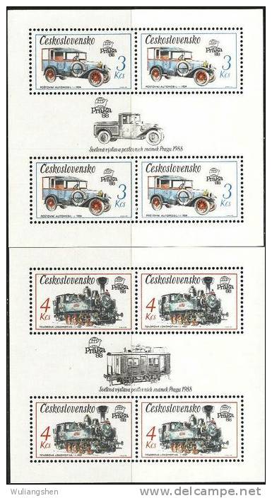 CZ0338 Czechoslovakia 1987 Comprehensive Trains And Cars 2 Sheets(4) MNH - Neufs