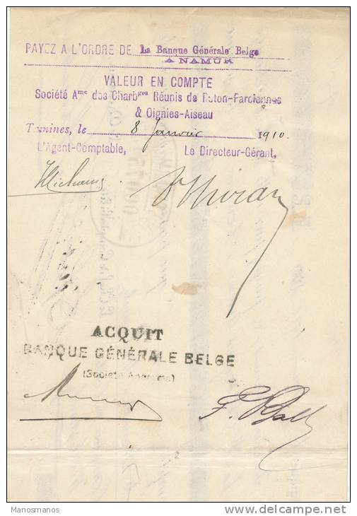 165/20 - Lettre De Change TP Grosse Barbe 2 Francs PERFORE B. G. B. - NAMUR Station 1910 Ex OIGNIES AISEAU - 1863-09