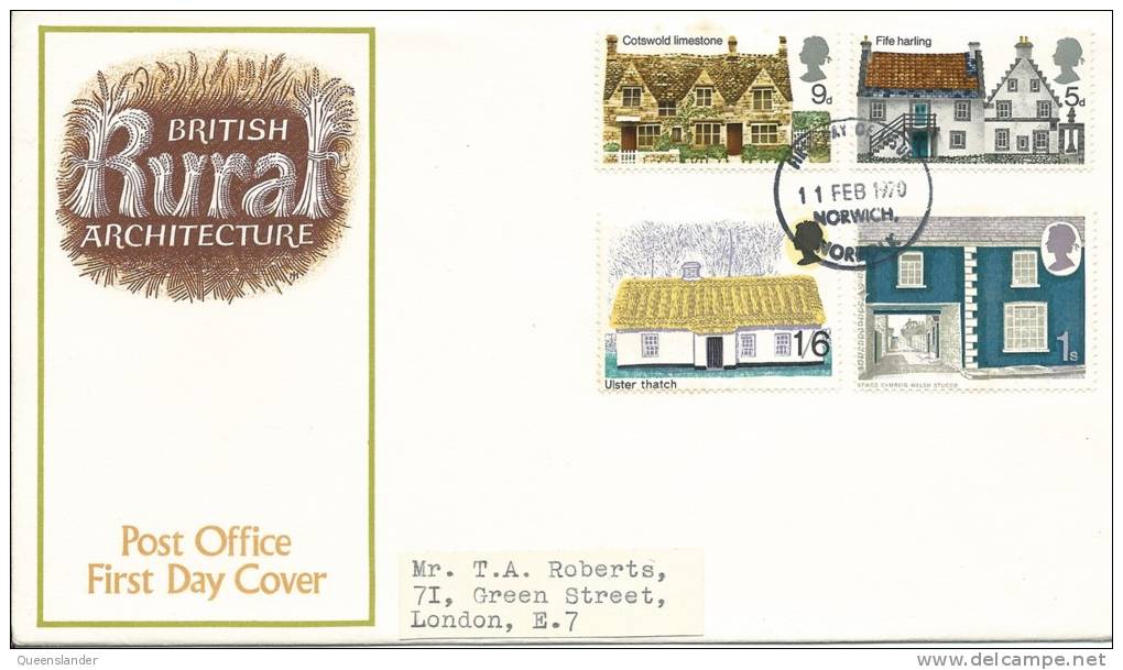 1970  British Rural Architecture Set 4 Stamps Neatly Addressed First Day Cover FDI Norwich 11 Feb 1970 - 1952-71 Ediciones Pre-Decimales