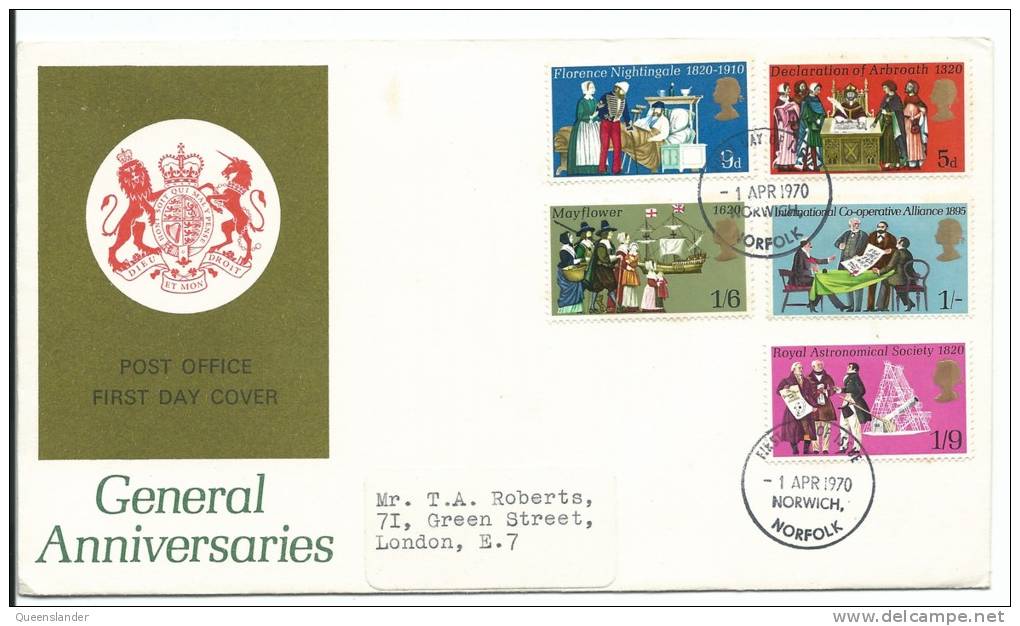 1970  General Anniversaries Set Of 5  Stamps On Neatly Addressed First Day Cover FDI Norwich 1 Apr 1970 - 1952-71 Ediciones Pre-Decimales