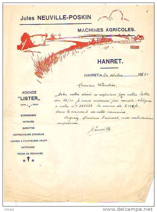 HANRET - 1934 - J. Neuville-Poskin - Machines Agricoles - Landwirtschaft