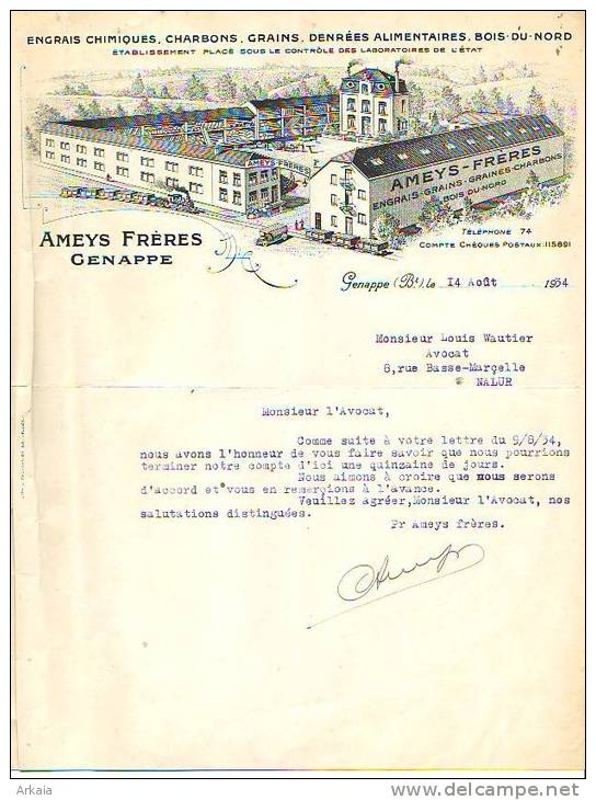 Genappes -1934 - Engrais Chimiques, Charbons, Grains , Denrées Alimentaires, Bois Du Nord - Landwirtschaft