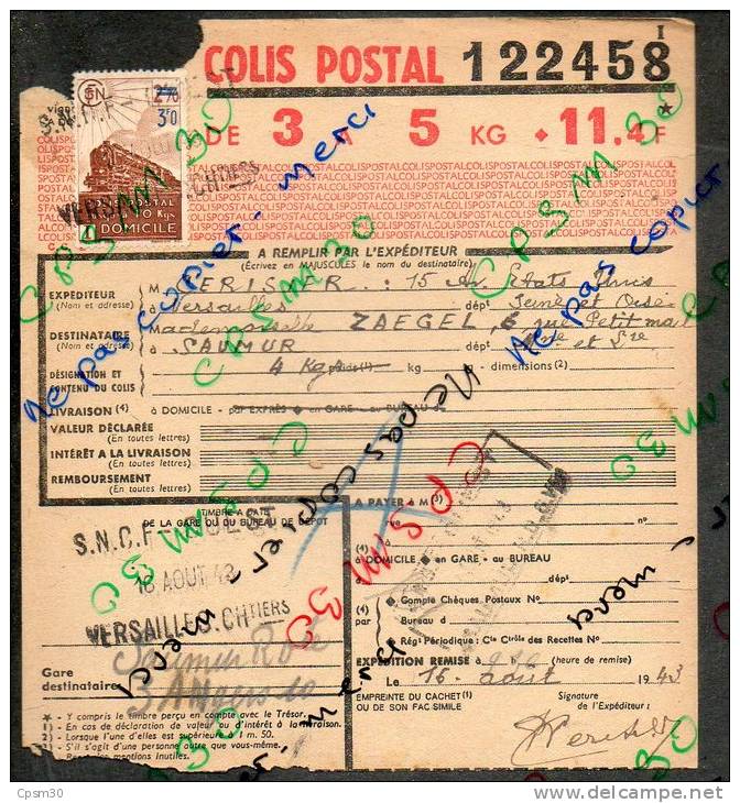 Colis Postaux Expédition (11.40F 3 à 5 Kg) Avec Timbre 2.70 F Barré 3.0 - N° 122458 Cachet De Gare Versailles.Chantiers - Lettres & Documents