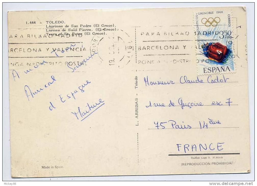 Timbre J.O Hiver  Grenoble 1968--Bobsleigh--seul Sur Carte Postale TOLEDO- "lagrimas De San Pedro" - Lettres & Documents