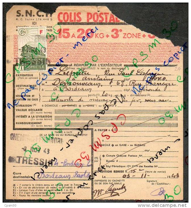 Colis Postaux Bulletin D´expédition (32.2F 15 à 20 Kg) Avec Timbre Vert F Rouge - Cachet De Gare Tressin - Briefe U. Dokumente