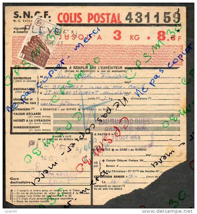 Colis Postaux Bulletin Expédition (8.6F 3 Kg) Avec Timbre 3.0 Bleu - N° 162164 Cachet De Gare Pleyben Et Saumur RD - Brieven & Documenten