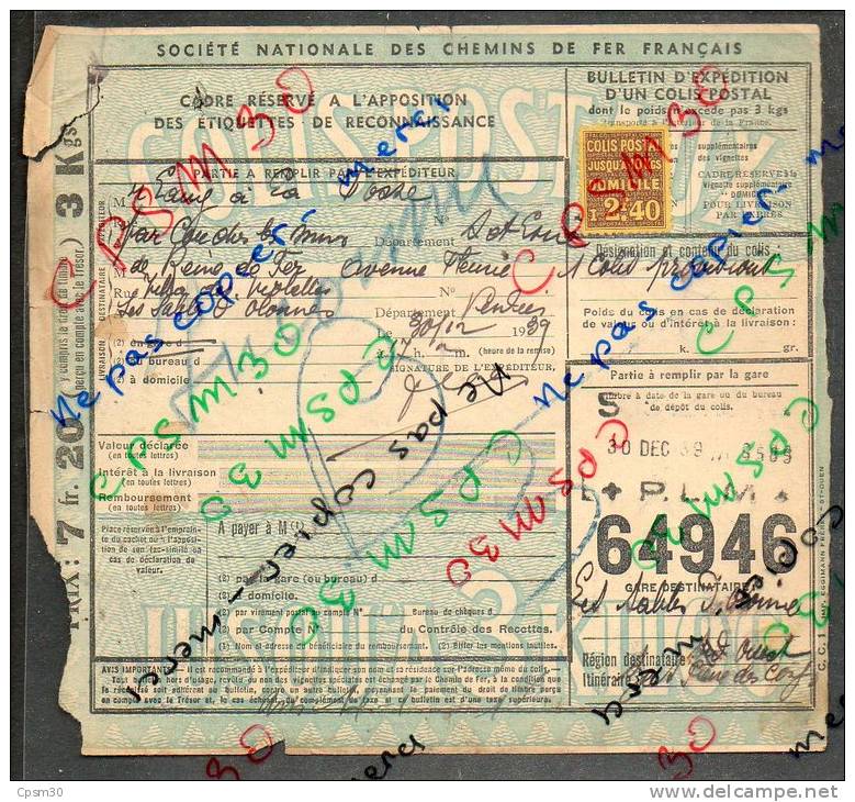 Colis Postaux Bulletin D´expédition 7.20 F Avec Timbre 2.40 F N° 64946 (cachet Gare S ?? 71 PLM) - Briefe U. Dokumente