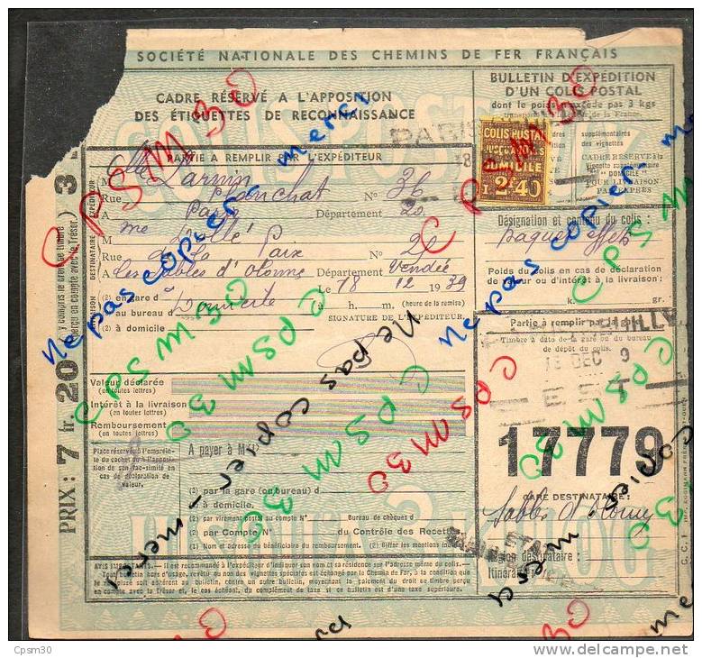 Colis Postaux Bulletin D´expédition 7.20 F 3 Kg Avec Timbre 2.40 F N° 17779 (cachet Gare Paris Reuilly) - Brieven & Documenten