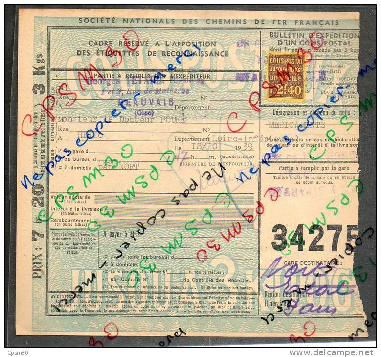 Colis Postaux Bulletin D´expédition 7.20 F 3 Kg Avec Timbre 2.40 F N° 34275 (cachet Gare Beauvais) - Lettres & Documents