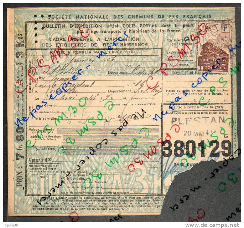 Colis Postaux Bulletin D´expédition 7.90 F 3 Kg Avec Timbre F Bleu N° 380129 F Perforé (cachet Gare Plestan) - Covers & Documents