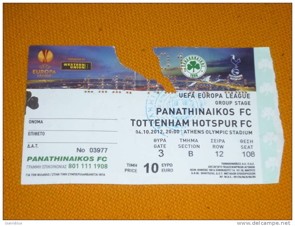 Panathinaikos-Tottenham Europa League Football Match Ticket - Tickets D'entrée