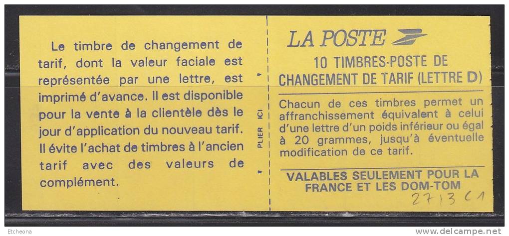 = DATE 16.11.90 Marianne Briat Dite Du Bicentenaire, Carnet De 10 X D 2713-C1, Changement De Tarif - Autres & Non Classés