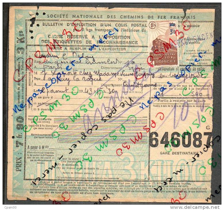 CP Bulletin D´expédition 7.90 F 3 Kg Avec Timbre 2.70 Barré 3.0 Bleu N° 646087 F Perforé (cachet Gare Paris Necker) - Lettres & Documents