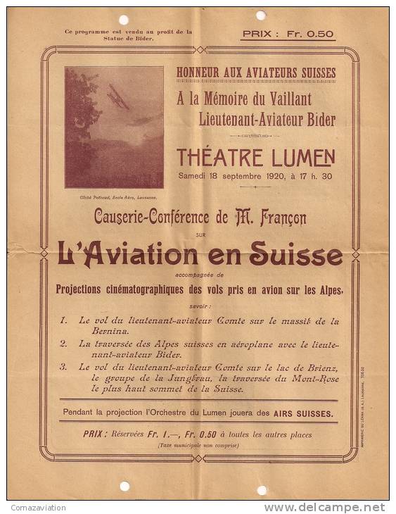 Aviateur Oskar Bider - 1920 - Conférence à Lausanne - Aviation - Rare - Autres & Non Classés