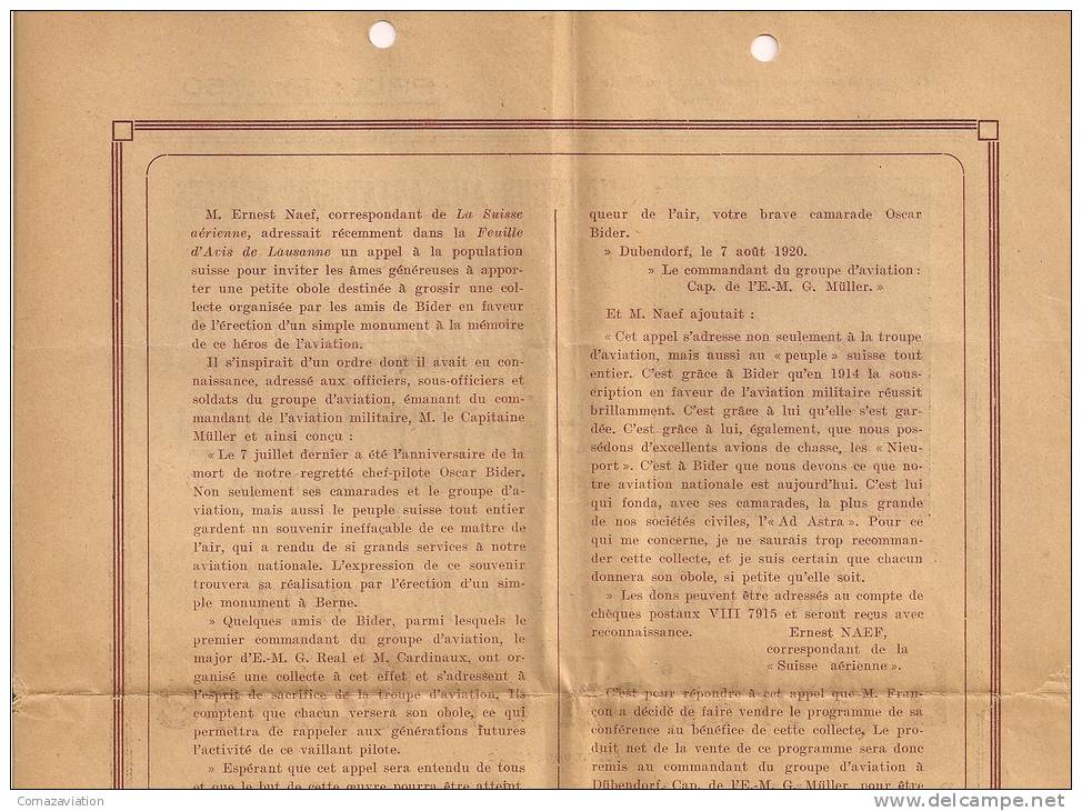 Aviateur Oskar Bider - 1920 - Conférence à Lausanne - Aviation - Rare - Autres & Non Classés