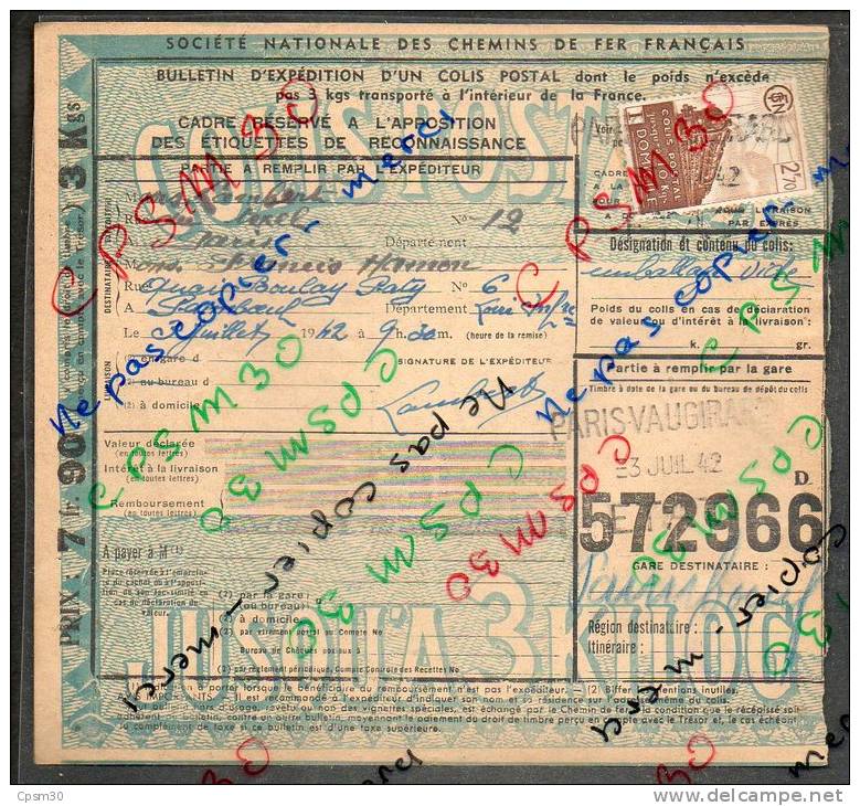 Colis Postaux Bulletin D´expédition 7.90 F 3 Kg Avec Timbre 2.70 N° 572966 (cachet Gare Paris-Vaugirard) - Briefe U. Dokumente