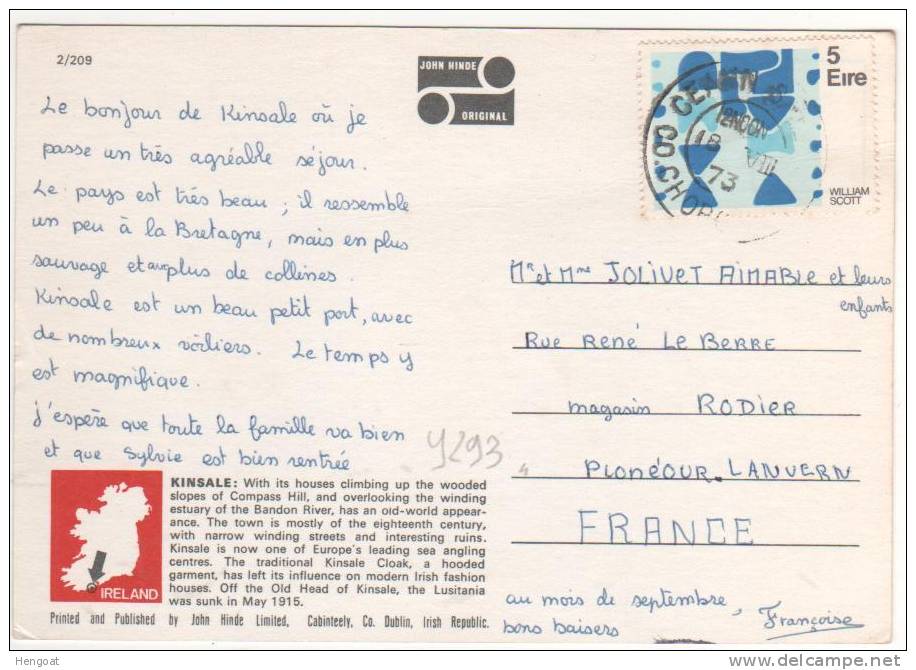 Timbre Yvert N°293 / Carte Du 18 VIII 73 Pour La France - Lettres & Documents