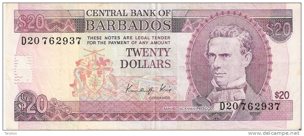 BILLETE DE BARBADOS DE $20 DEL AÑO 1988 FIRMA KING (MUY RARO) (BANKNOTE-BANK NOTE) - Barbades