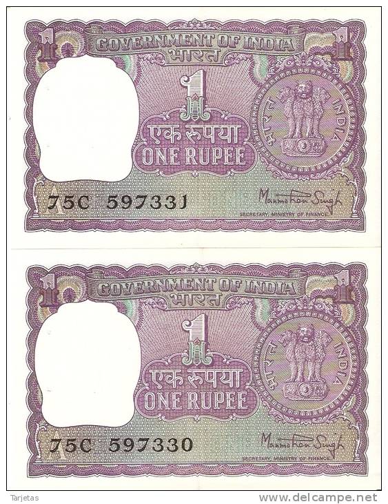 LOTE DE 2 BILLETES CORRELATIVOS DE LA INDIA DE 1 RUPIA DEL AÑO 1978 CALIDAD EBC+  (BANK NOTE) - Inde