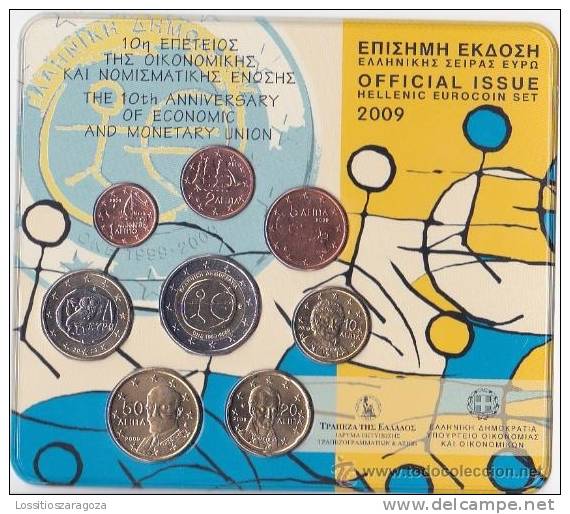 Grecia , 2009 Cartera Con Las 8 Monedas De 1 Ct A 2 Euros, EMU,bimetalica 2, Euroset, Euro .Greece , Grèce - Grecia