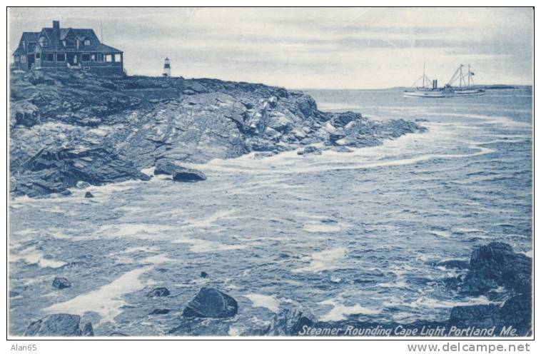 Portland ME Maine, Lighthouse, Steamer At Cape Light, 1900s Vintage Postcard, Doane Postmark Cancel - Portland