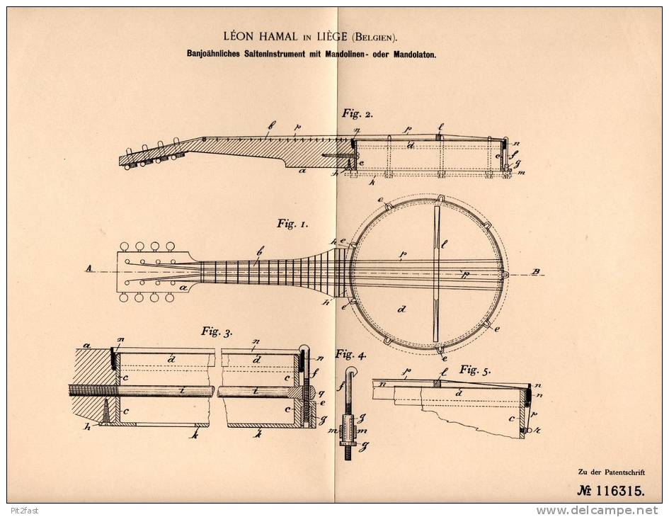 Original Patentschrift - Léon Hamal In Liege , Belgien , 1899 , Banjo , Mandoline , Mandola , Musik !!! - Musical Instruments