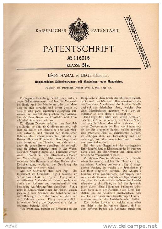 Original Patentschrift - Léon Hamal In Liege , Belgien , 1899 , Banjo , Mandoline , Mandola , Musik !!! - Instruments De Musique