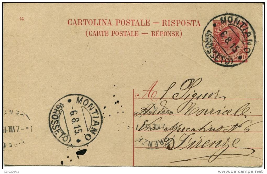 CA005 - Cartolina Postale Risposta (intero) C.10 (num.14) Da Montiano (Grosseto) Per Firenze. - Altri & Non Classificati