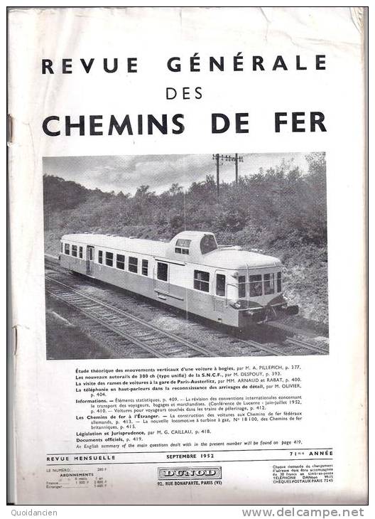 Revue Générale Des Chemins De Fer 09/1952  -  Autorail De 300ch  -  Locomotive à Turbine à Gaz - Trains