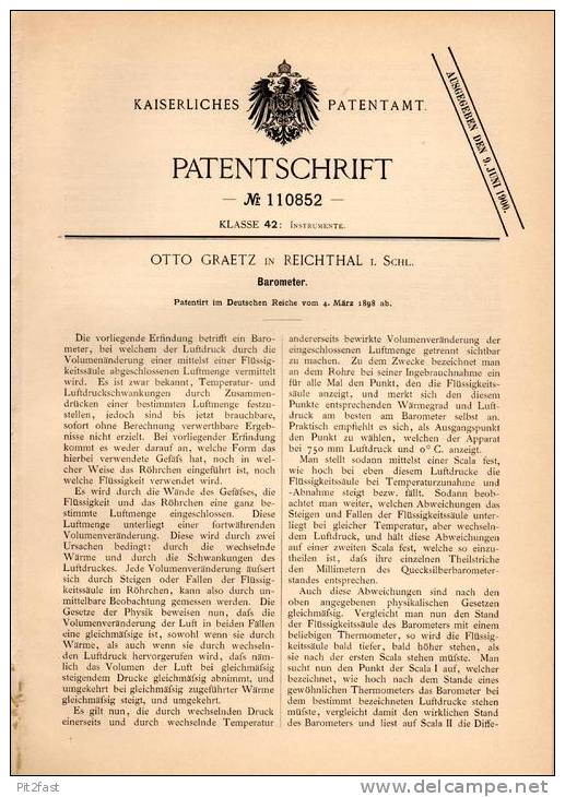 Original Patentschrift - Otto Graetz In Reichthal / Rychtal I. Schlesien , 1898 , Barometer , Luftdruck !!! - Tecnología & Instrumentos