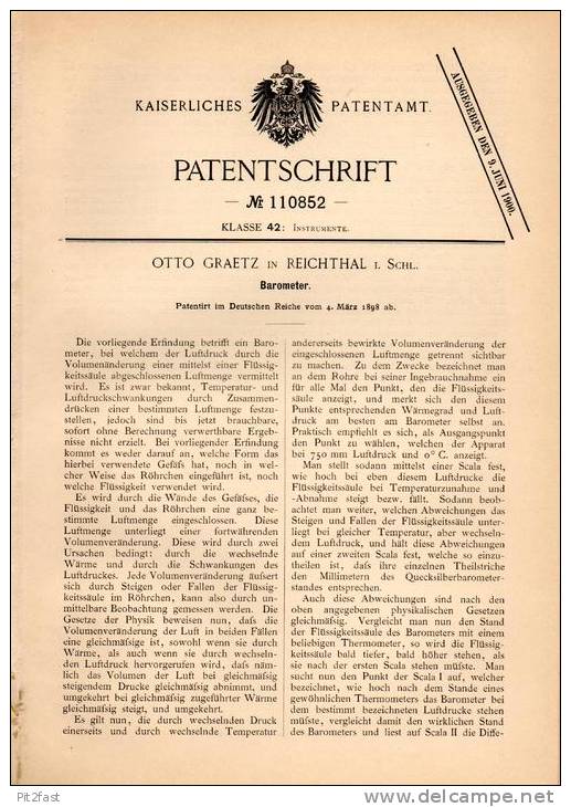 Original Patentschrift - Otto Graetz In Reichthal / Rychtal I. Schlesien , 1898 , Barometer , Luftdruck !!! - Tecnica & Strumenti Nautici