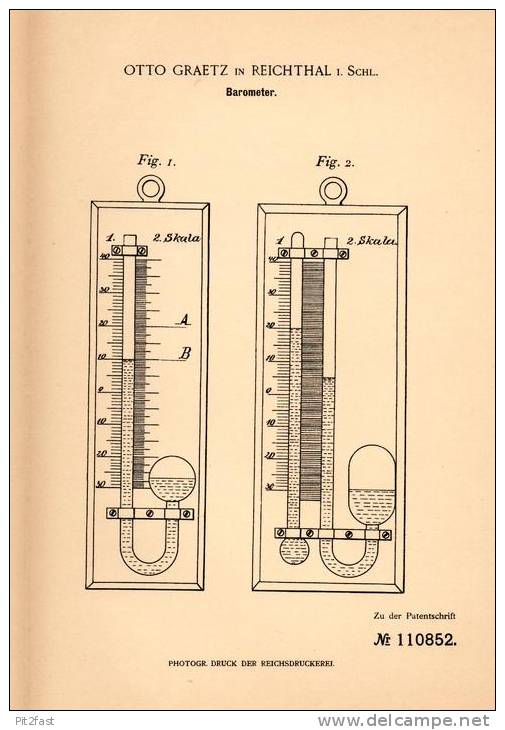 Original Patentschrift - Otto Graetz In Reichthal / Rychtal I. Schlesien , 1898 , Barometer , Luftdruck !!! - Technics & Instruments