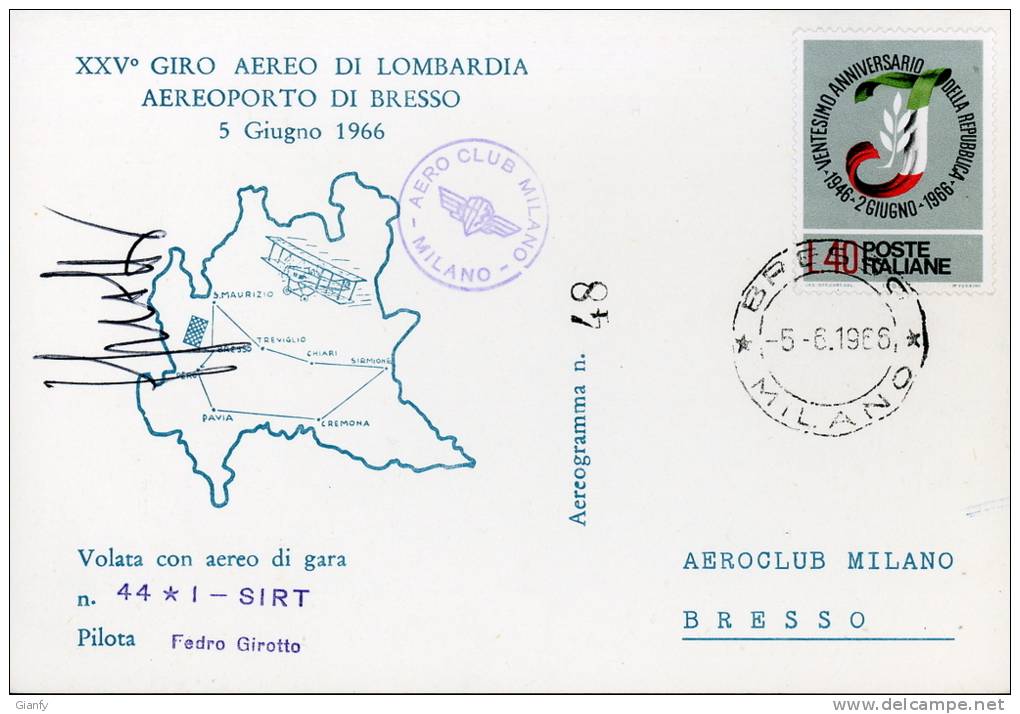 AEROPORTO BRESSO XXV° GIRO AEREO LOMBARDIA 1966 AEROGRAMMA N. 48 - Meetings