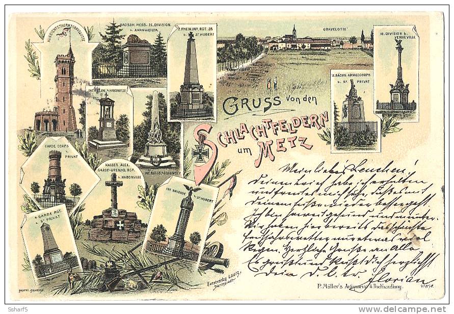 Gruss Von Den Schlachtfeldern Metz (petits Trous Visibles Sur Scan) Couleurs Multi-images Voyagée 1897 - Metz Campagne