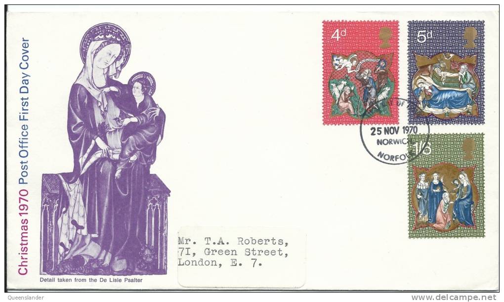 1970  Christmas Set Of 3 Stamps On Neatly Addressed First Day Cover FDI Norwich 25 Nov 1970 - 1952-1971 Em. Prédécimales