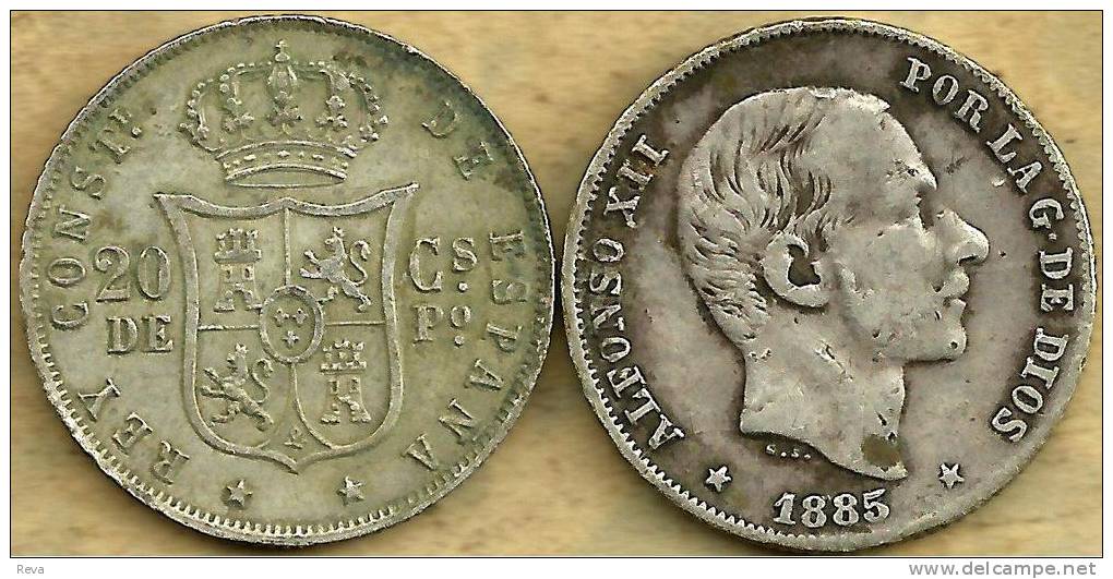 SPANISH PHILIPPINES 20 CENTAVOS SHIELD FRONTKING ALFONSO XII HEAD BACK 1885 AG SILVER KM149READ DESCRIPTION CAREFULLY!!! - Filipinas