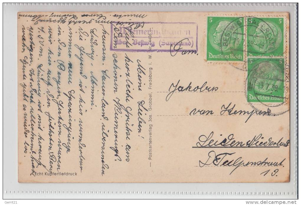 5787 OLSBERG - BRUCHHAUSEN, Bruchhauser Steine 1939, Landpost-Stempel Wiemeringhausen üb. Bestwig - Meschede