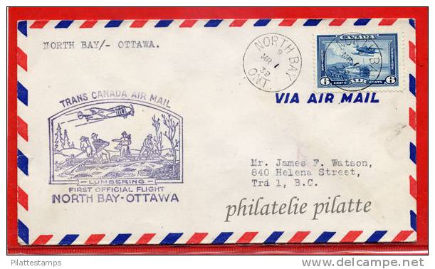 CANADA 1ER VOL SUR LETTRE DE 1939 DE NORTH BAY POUR OTTAWA - First Flight Covers