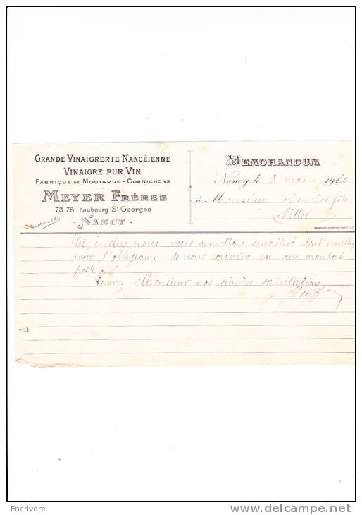 Memorandum MEYER Freres Grande Vinaigrerie Nanceienne Vinaigre Cornichons Moutarde NANCY - 1900 – 1949