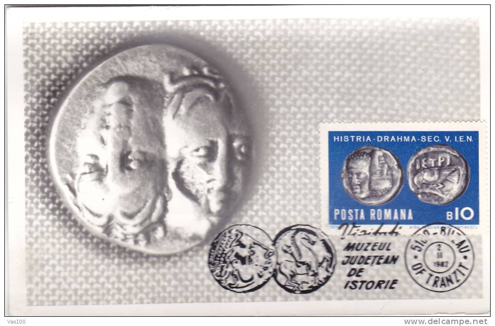 HISTRIA,REGIONAL HISTORY MUSEUM,COINS,CM,CARTES MAXIMUM,MAXICARD,1982,ROMANIA - Prehistory