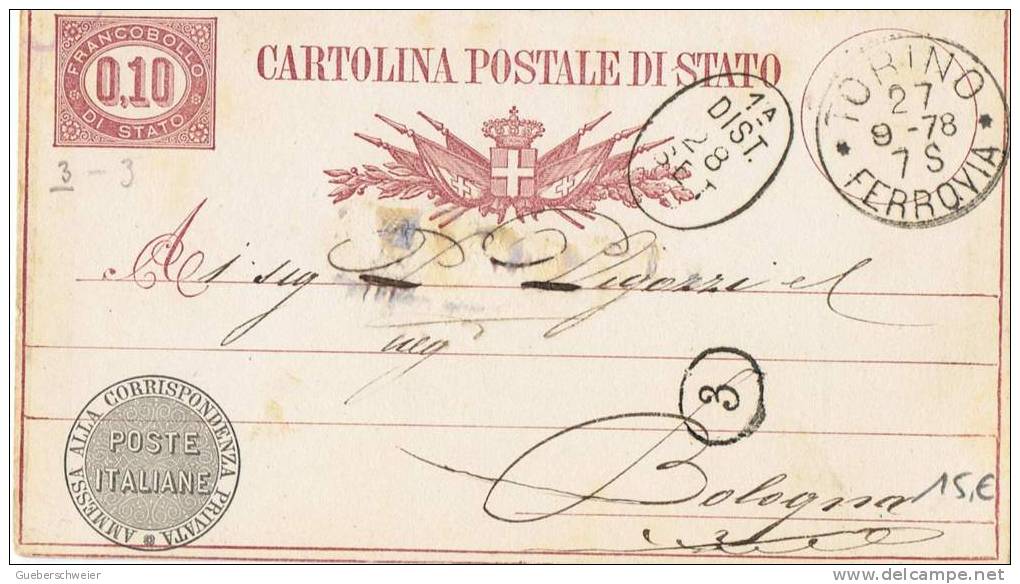 L-I 1 - ITALIE Entier Postal Carte De Torino Ferrovia 1878 - Entero Postal