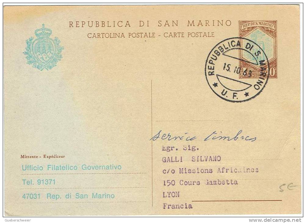 L-I 5 -SAINT MARIN Entier Postal De L'Office Philatélique Gouvernemental 1968 - Entiers Postaux