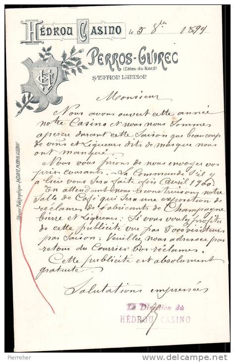 HEDROU CASINO, CASINO A PERROS GUIREC_   CORRESPONDANCE DATEE 1899 - 1800 – 1899