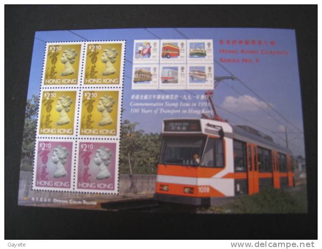 HONG KONG 1990. 100 ANS DE TRANSPORT. BATEAU. BUS. TRAIN. REINE ELISABETH. - Blocs-feuillets