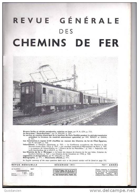 Revue Générale Des Chemins De Fer  12/1951  -  FERRY  BOAT  "  St  GERMAIN  "  Avec Dépliant Et Légende  - - Trains