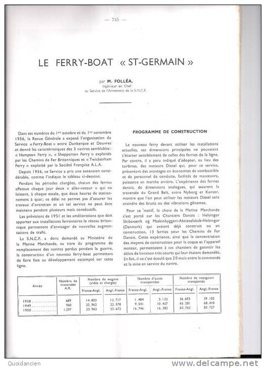 Revue Générale Des Chemins De Fer  12/1951  -  FERRY  BOAT  "  St  GERMAIN  "  Avec Dépliant Et Légende  - - Trains