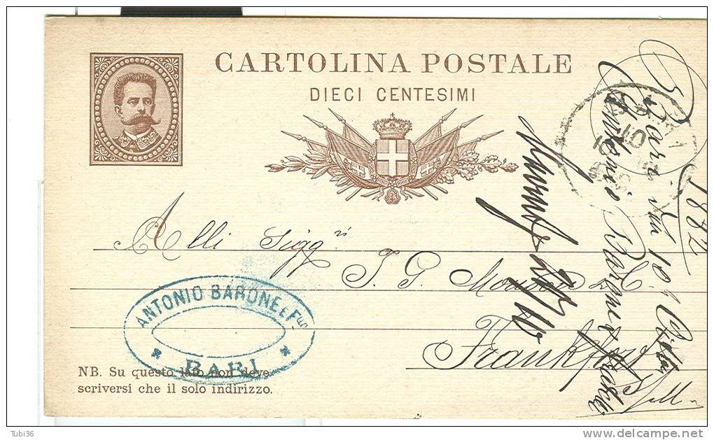 CARTOLINA POSTALE UMBERTO I,  Cent. 10, VIAGGIATA  1882 PER FRANCOFORTE, DITTA ANTONIO BARONE  BARI, - Interi Postali