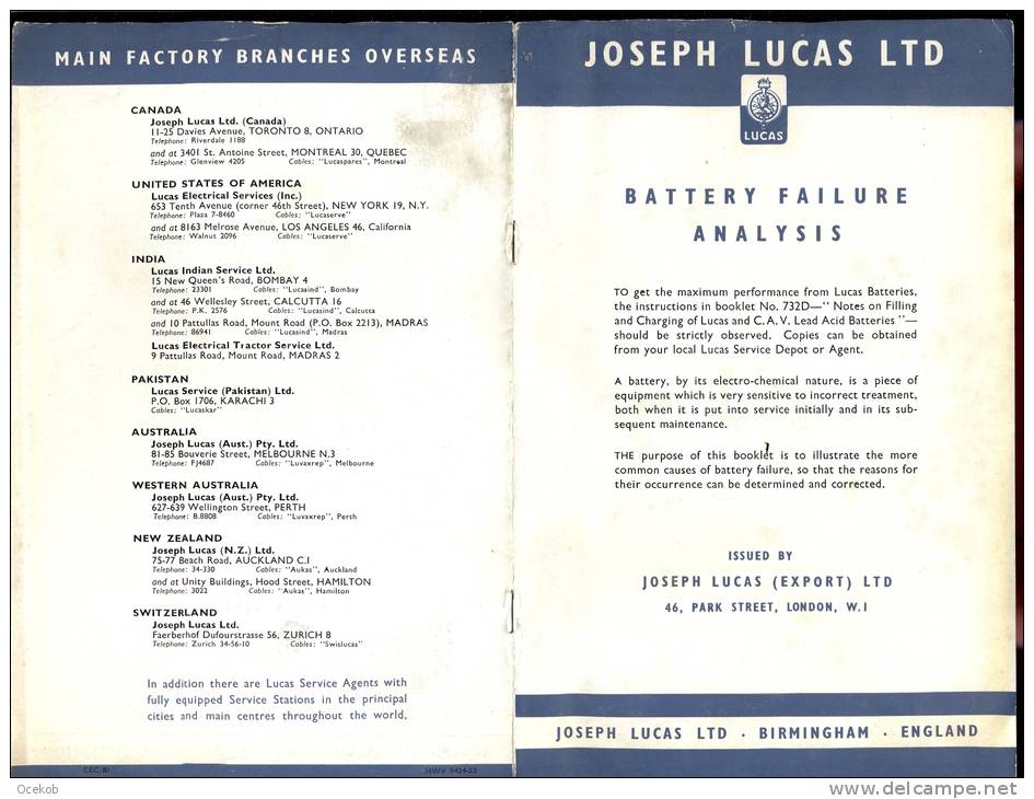 Brochure Joseph Lucas - Birmingham - Battery Failure Analysis - Andere & Zonder Classificatie