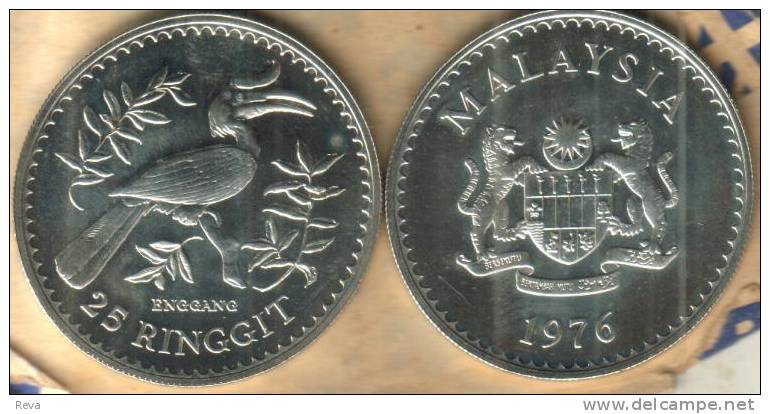 MALAYSIA 25 RINGGIT BIRD CONSERVATION FRONT EMBLEM BACK 1976 AG SILVER 35g UNC+ KM? READ DESCRIPTION CAREFULLY!! - Malaysie